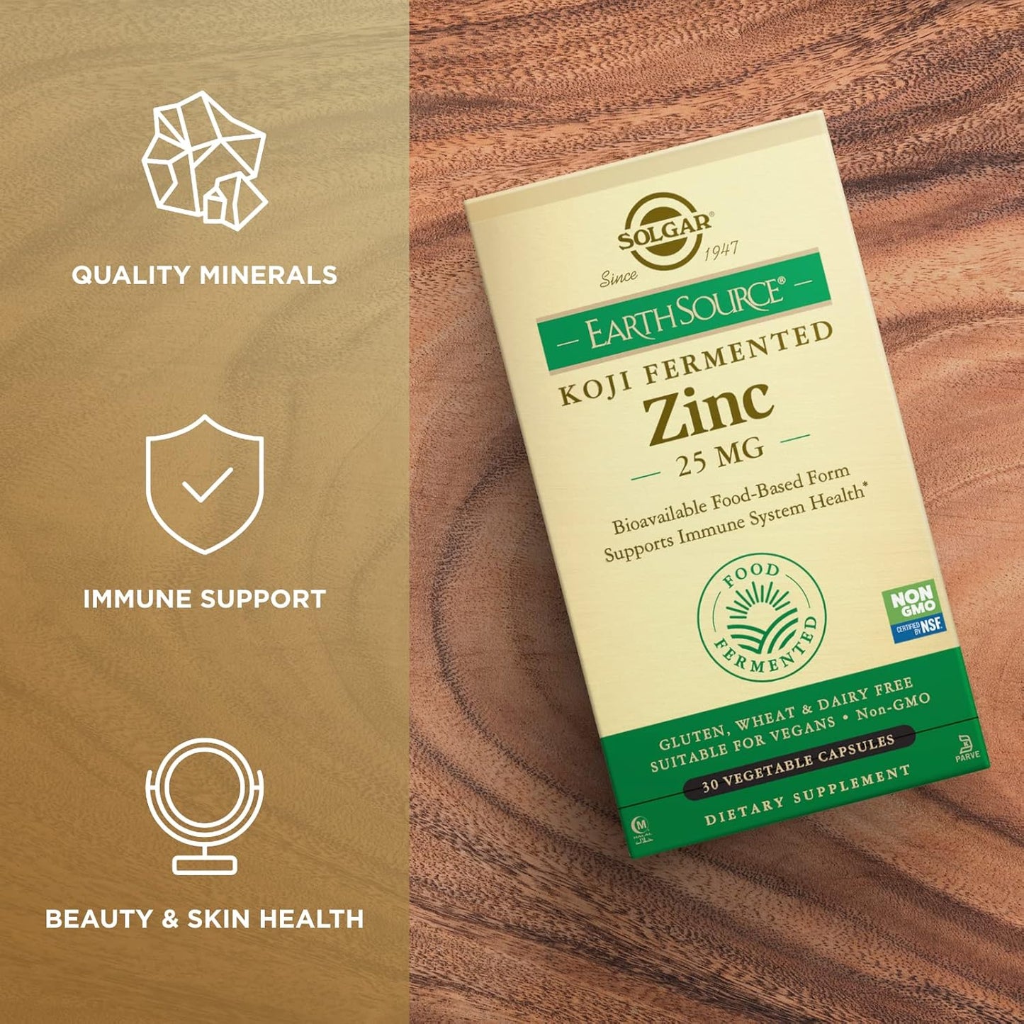 Solgar Earth Source Food Fermented Koji Zinc Capsules - Immune & Skin Health Support - Non-GMO, Vegan, Gluten-Free, Kosher - 60 Servings - BoostGo Australia