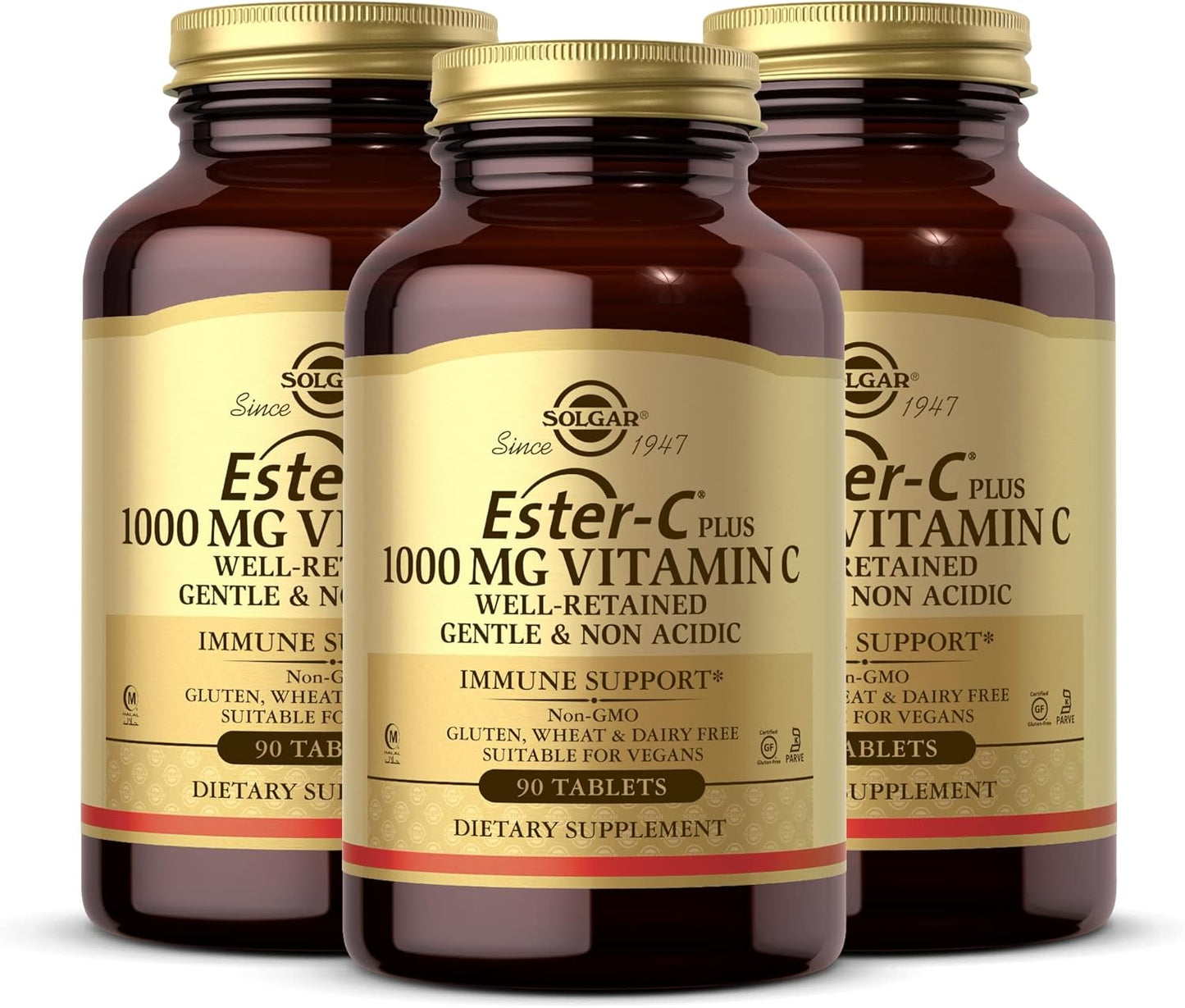 Solgar Ester-C Plus 1000mg Vitamin C 90 Tablets x 3 Packs - Gentle & Non Acidic - Upper Respiratory Health Support - Non-GMO, Gluten Free