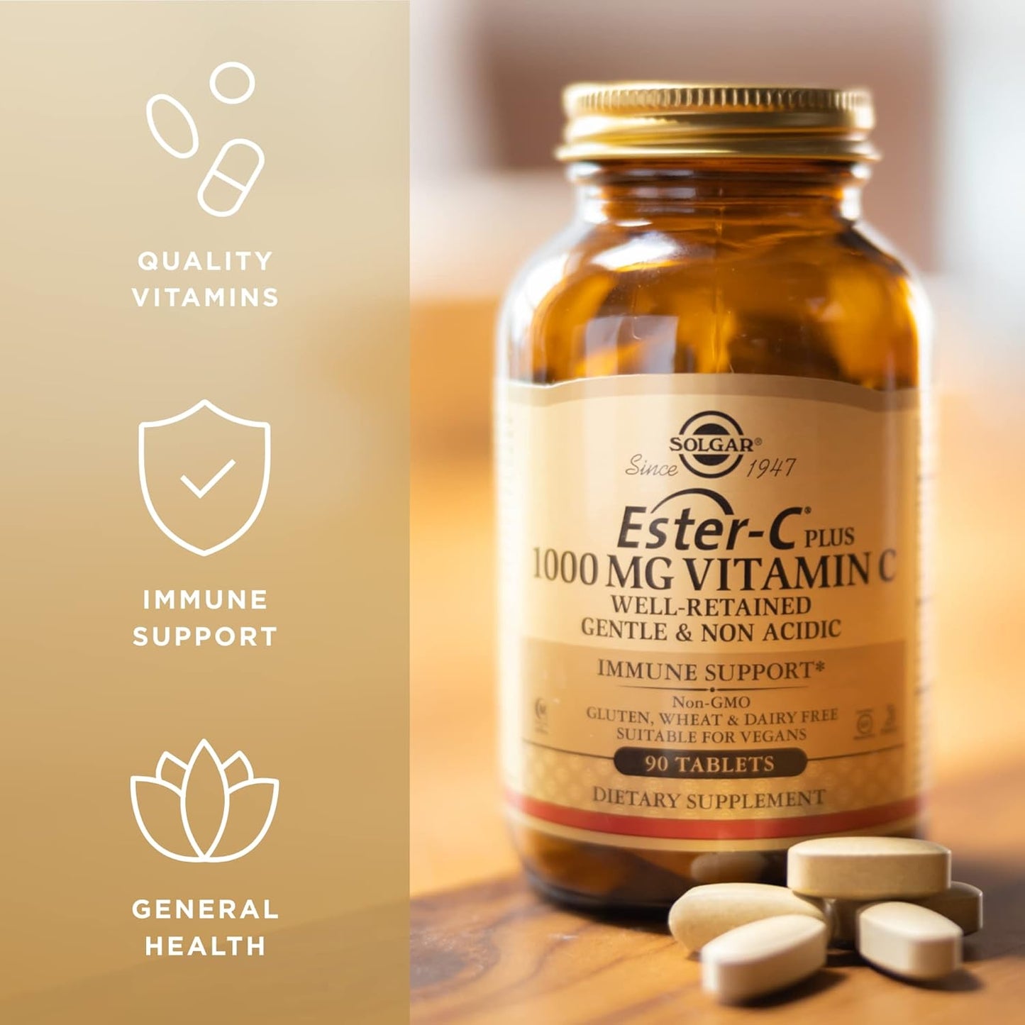 Solgar Ester-C Plus 1000mg Vitamin C 90 Tablets x 3 Packs - Gentle & Non Acidic - Upper Respiratory Health Support - Non-GMO, Gluten Free