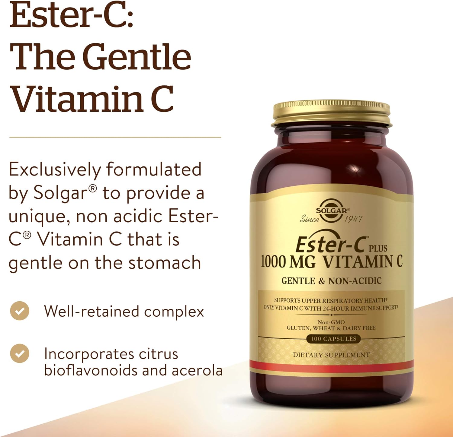 Solgar Ester-C Plus 1000mg Vitamin C Capsules with Citrus Bioflavonoids - Gentle & Non Acidic Immune Support for 24 Hours - Non-GMO, Gluten Free - 100 Servings