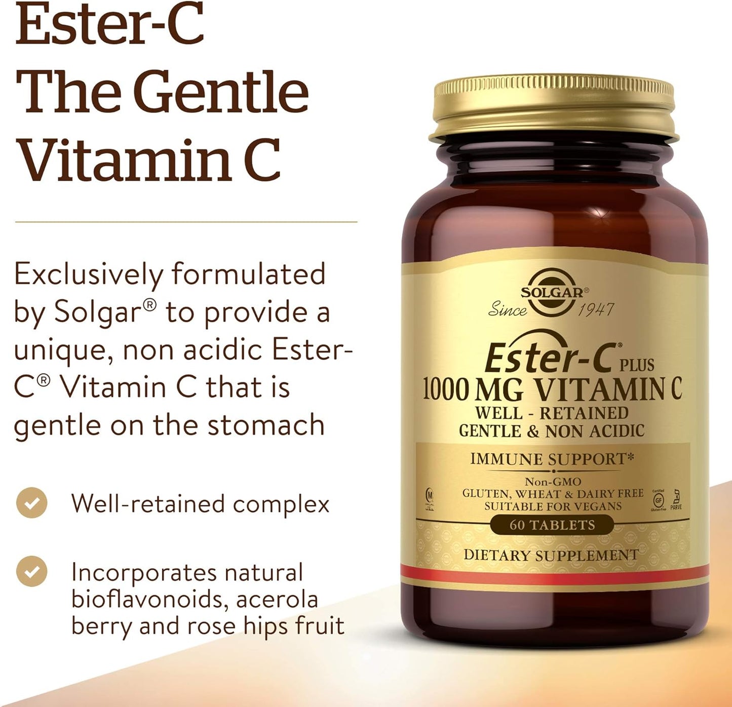Solgar Ester-C Plus 1000mg Vitamin C Tablets - Gentle & Non-Acidic Antioxidant Support - Immune System Boost - Non-GMO, Vegan, Gluten Free - 60 Servings