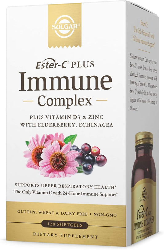 Solgar Ester-C Plus Immune Complex Softgels - 24-Hour Support for Immune System, Respiratory Health - D3, Zinc, Elderberry, Echinacea - Non-GMO, Gluten Free - 60 Servings