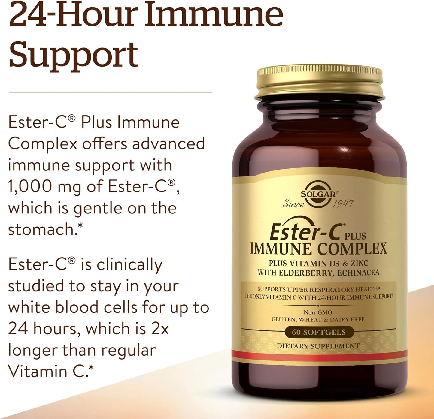 Solgar Ester-C Plus Immune Complex Softgels - 24-Hour Immune Support with D3, Zinc, Elderberry, and Echinacea - Non-GMO, Gluten Free, Dairy Free - 30 Servings