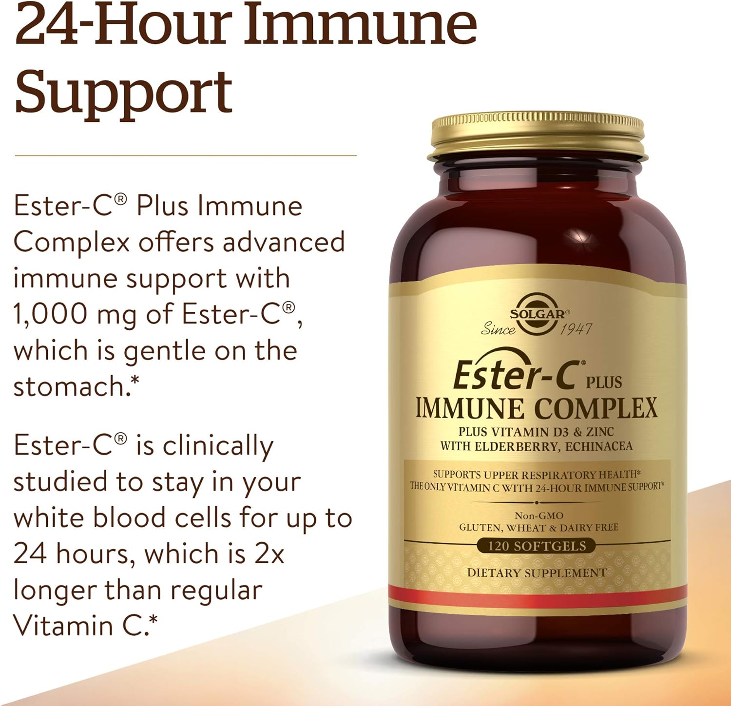 Solgar Ester-C Plus Immune Complex Softgels - 24-Hour Support for Immune System, Respiratory Health - D3, Zinc, Elderberry, Echinacea - Non-GMO, Gluten Free - 60 Servings