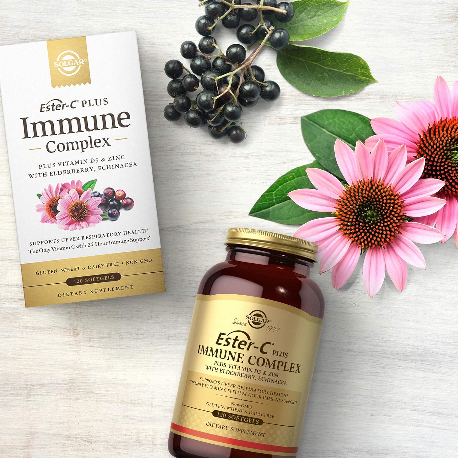 Solgar Ester-C Plus Immune Complex Softgels - 24-Hour Support for Immune System, Respiratory Health - D3, Zinc, Elderberry, Echinacea - Non-GMO, Gluten Free - 60 Servings