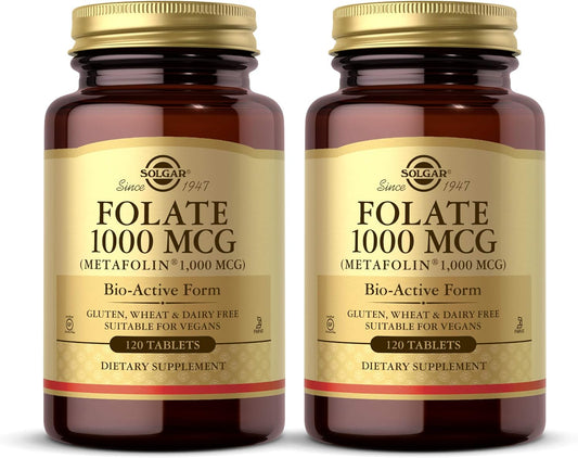 Solgar Folate 1000 mcg DFE Tablets 2-Pack - 1666 mcg Metafolin - Heart Health - Vegan, Gluten Free, Dairy Free - 240 Servings