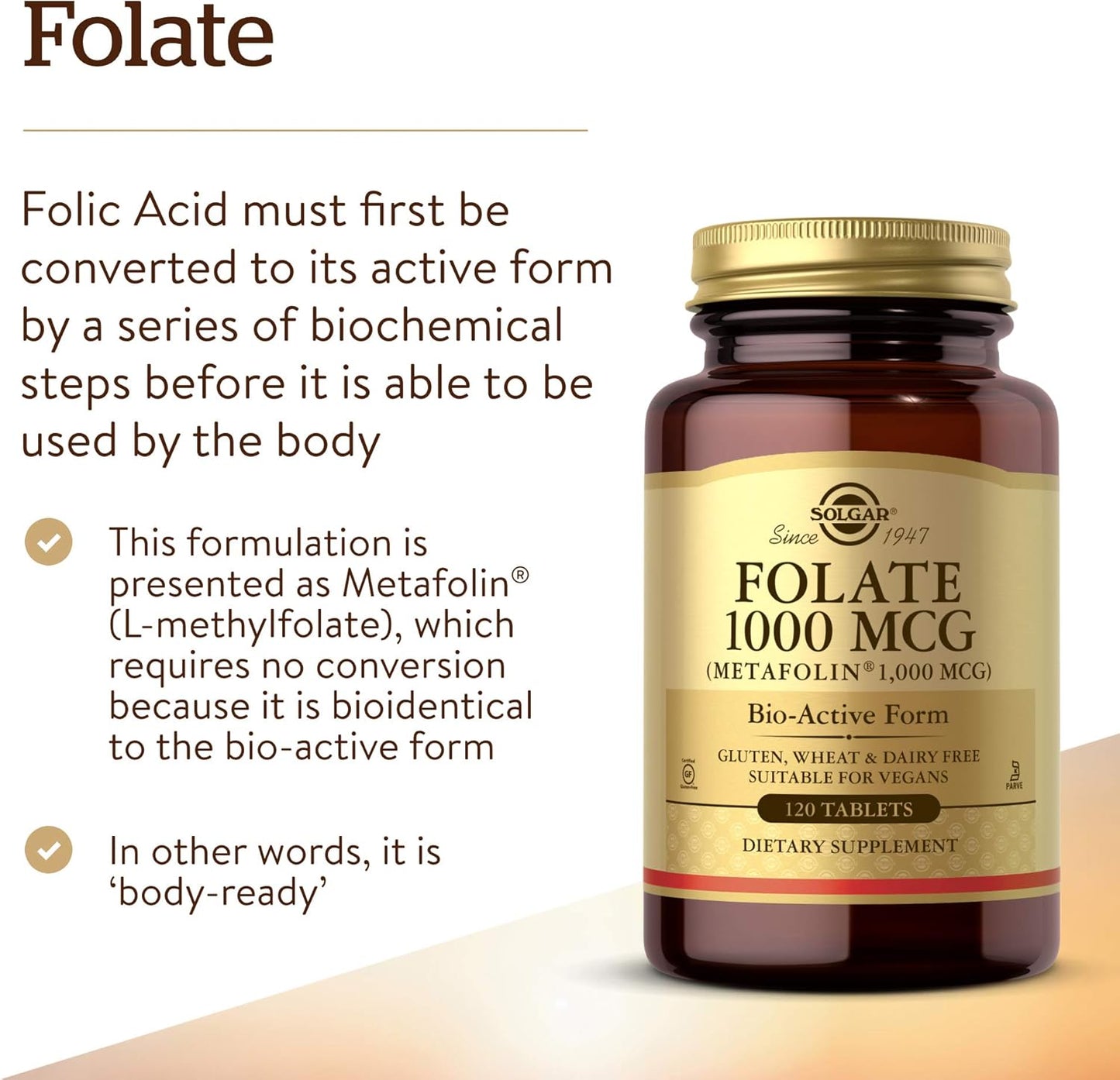 Solgar Folate 1000 mcg DFE Tablets 2-Pack - 1666 mcg Metafolin - Heart Health - Vegan, Gluten Free, Dairy Free - 240 Servings