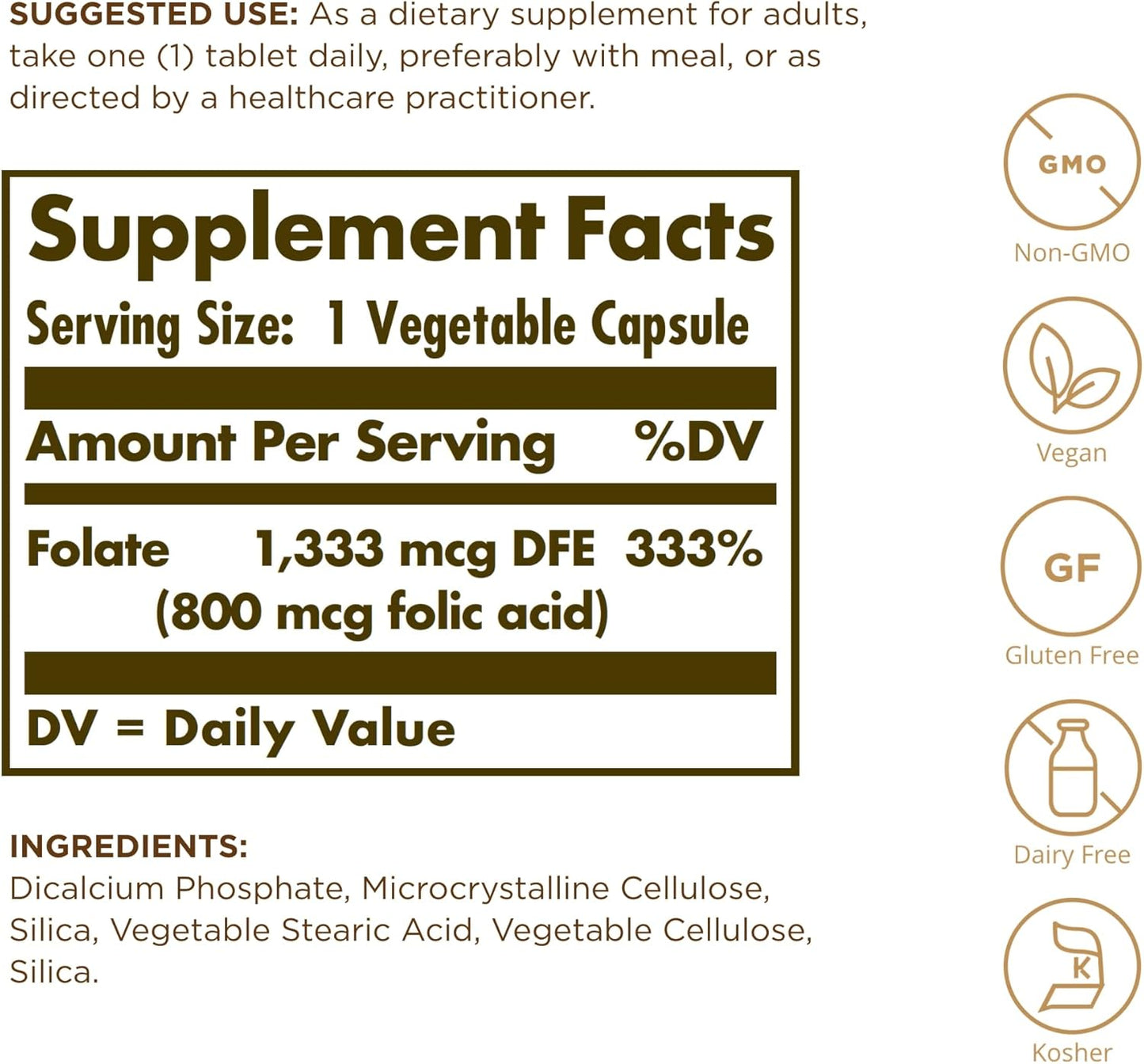 Solgar Folate 1,333 mcg DFE (800 mcg Folic Acid) Tablets - 500 Servings - Heart Health, Prenatal Support - Vegan, Gluten Free, Kosher