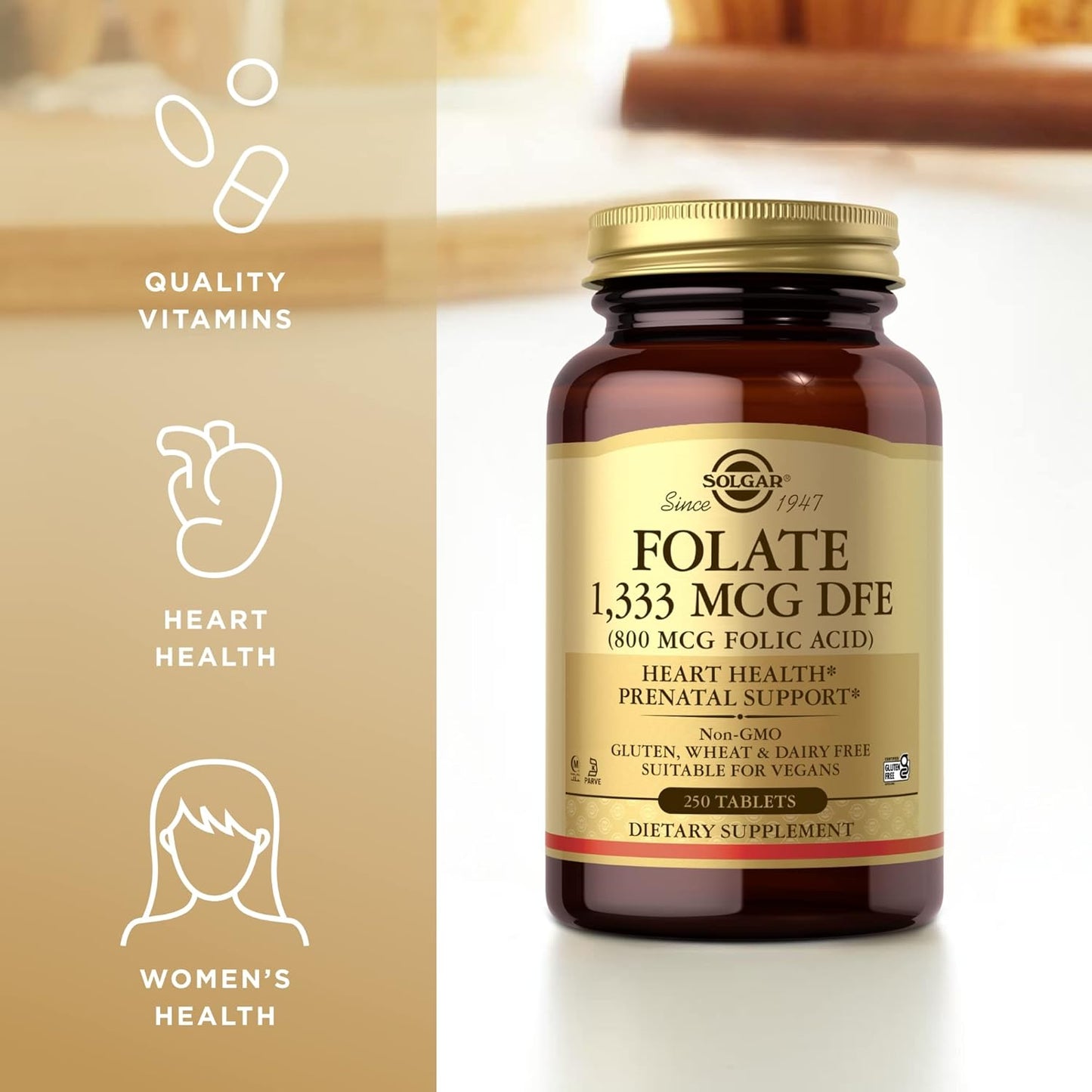 Solgar Folate 1,333 mcg DFE (800 mcg Folic Acid) Tablets - 500 Servings - Heart Health, Prenatal Support - Vegan, Gluten Free, Kosher
