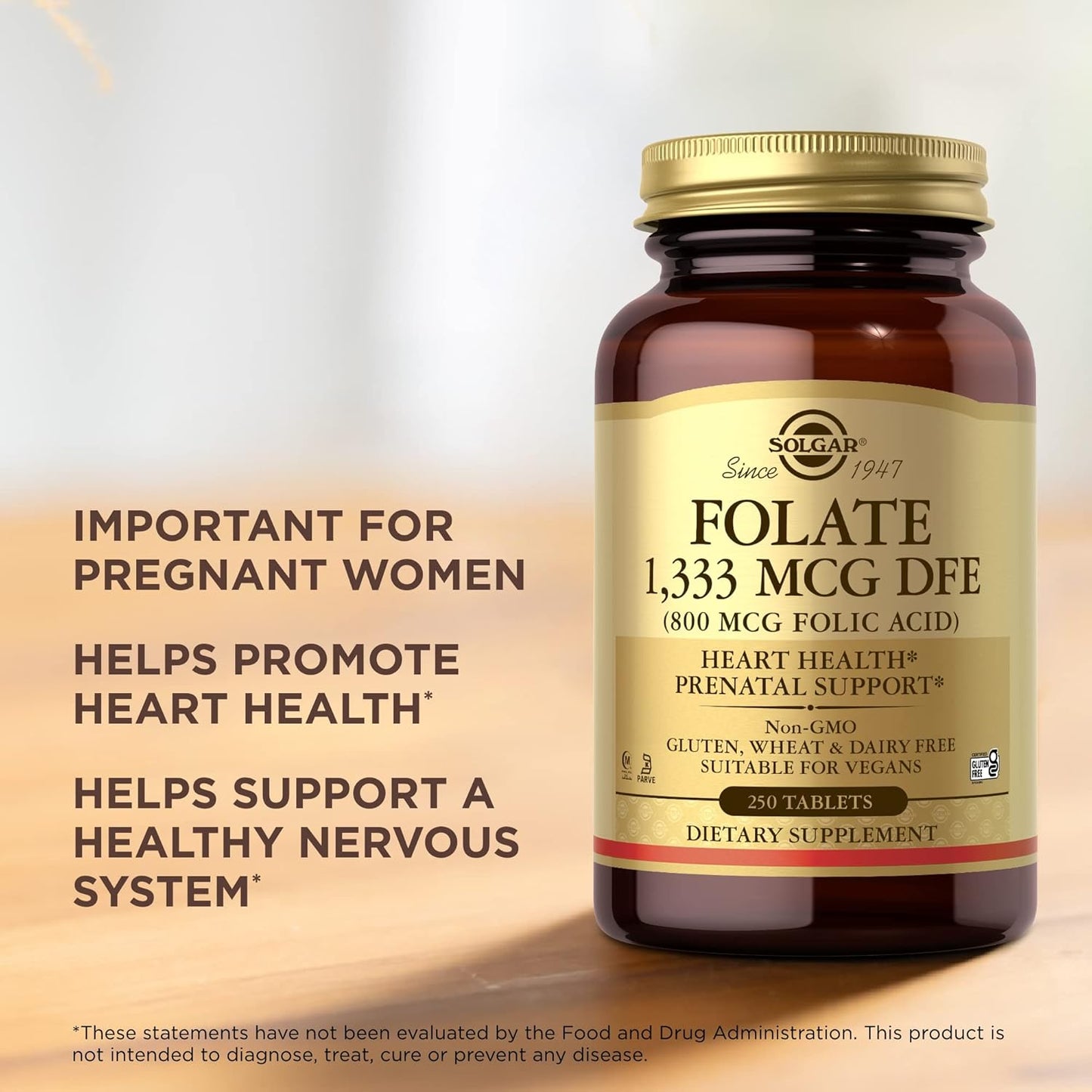 Solgar Folate 1,333 mcg DFE (800 mcg Folic Acid) Tablets - 500 Servings - Heart Health, Prenatal Support - Vegan, Gluten Free, Kosher