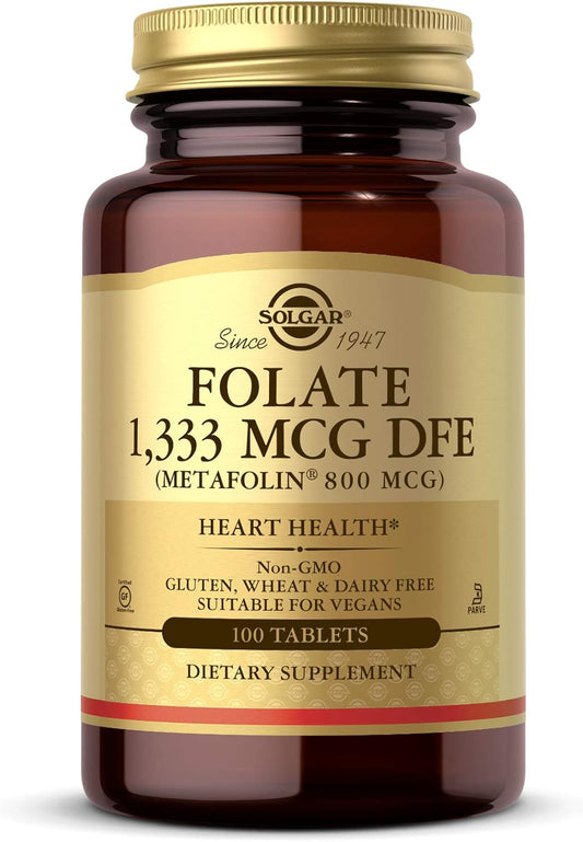 Solgar Folate 1,333 mcg DFE Tablets with 800 mcg Bio-active Metafolin - Heart Health Support - Non-GMO, Vegan, Gluten Free, Dairy Free, Kosher - 100 Servings