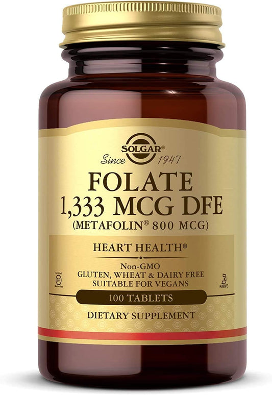 Solgar Folate 1,333 mcg DFE Tablets with 800 mcg Bio-Active Metafolin - Heart Health Support - Non-GMO, Vegan, Gluten Free, Dairy Free, Kosher - 100 Servings