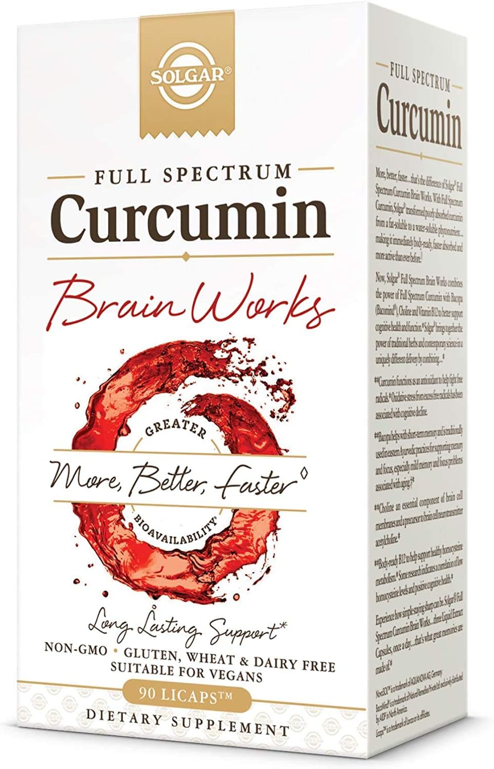 Solgar Full Spectrum Curcumin Brain Support Licaps - Memory Recall, Focus, Cognitive Function - Antioxidant Blend with BacoMind, Choline, Vitamin B12 - Non-GMO, Vegan - 30 Servings