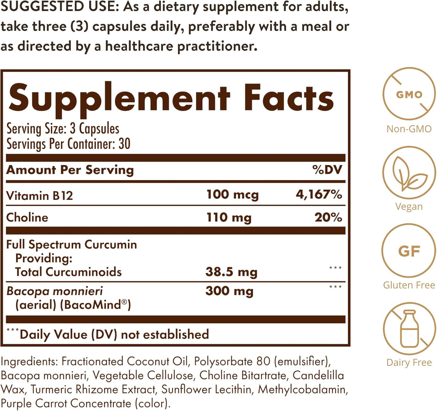 Solgar Full Spectrum Curcumin Brain Support Licaps - Memory Recall, Focus, Cognitive Function - Antioxidant Blend with BacoMind, Choline, Vitamin B12 - Non-GMO, Vegan - 30 Servings