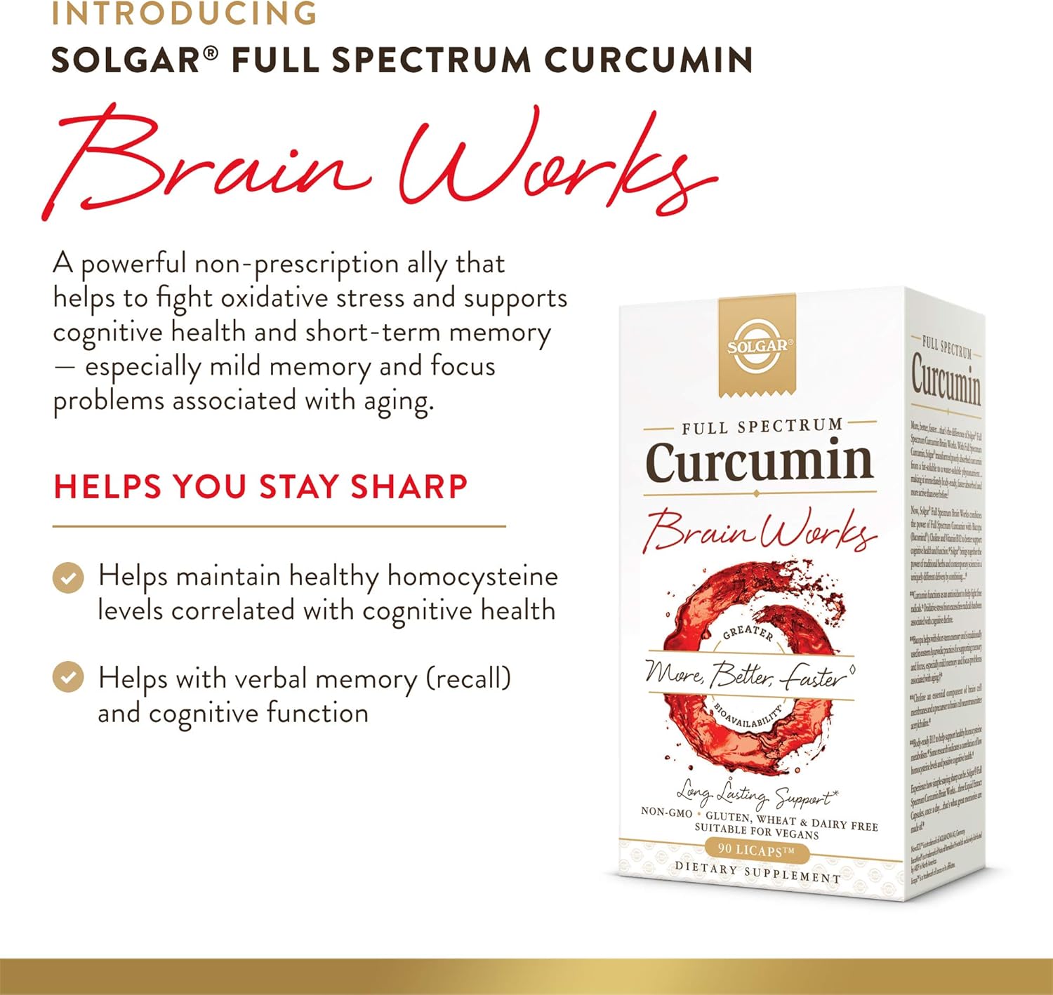Solgar Full Spectrum Curcumin Brain Support Licaps - Memory Recall, Focus, Cognitive Function - Antioxidant Blend with BacoMind, Choline, Vitamin B12 - Non-GMO, Vegan - 30 Servings