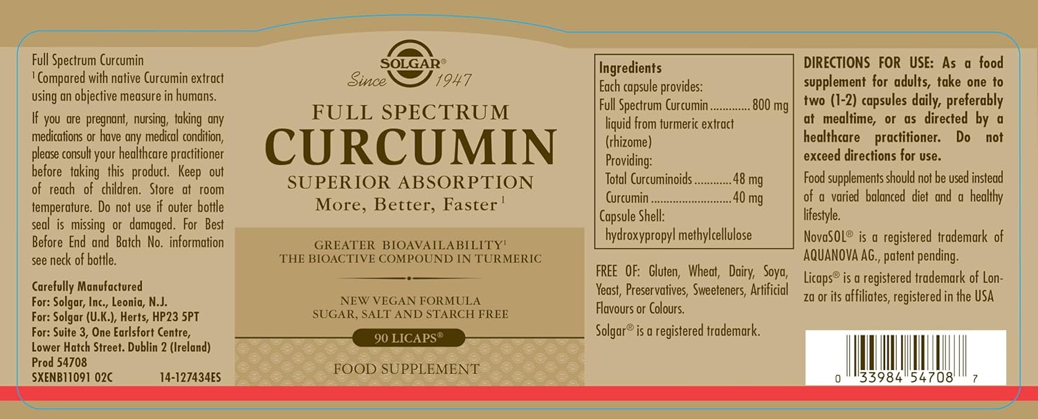 Solgar Full Spectrum Curcumin LiCaps - 90 Count - Enhanced Absorption for Brain, Joint, and Immune Health - Non-GMO, Vegan, Gluten-Free, Dairy-Free - 90 Servings - BoostGo Australia