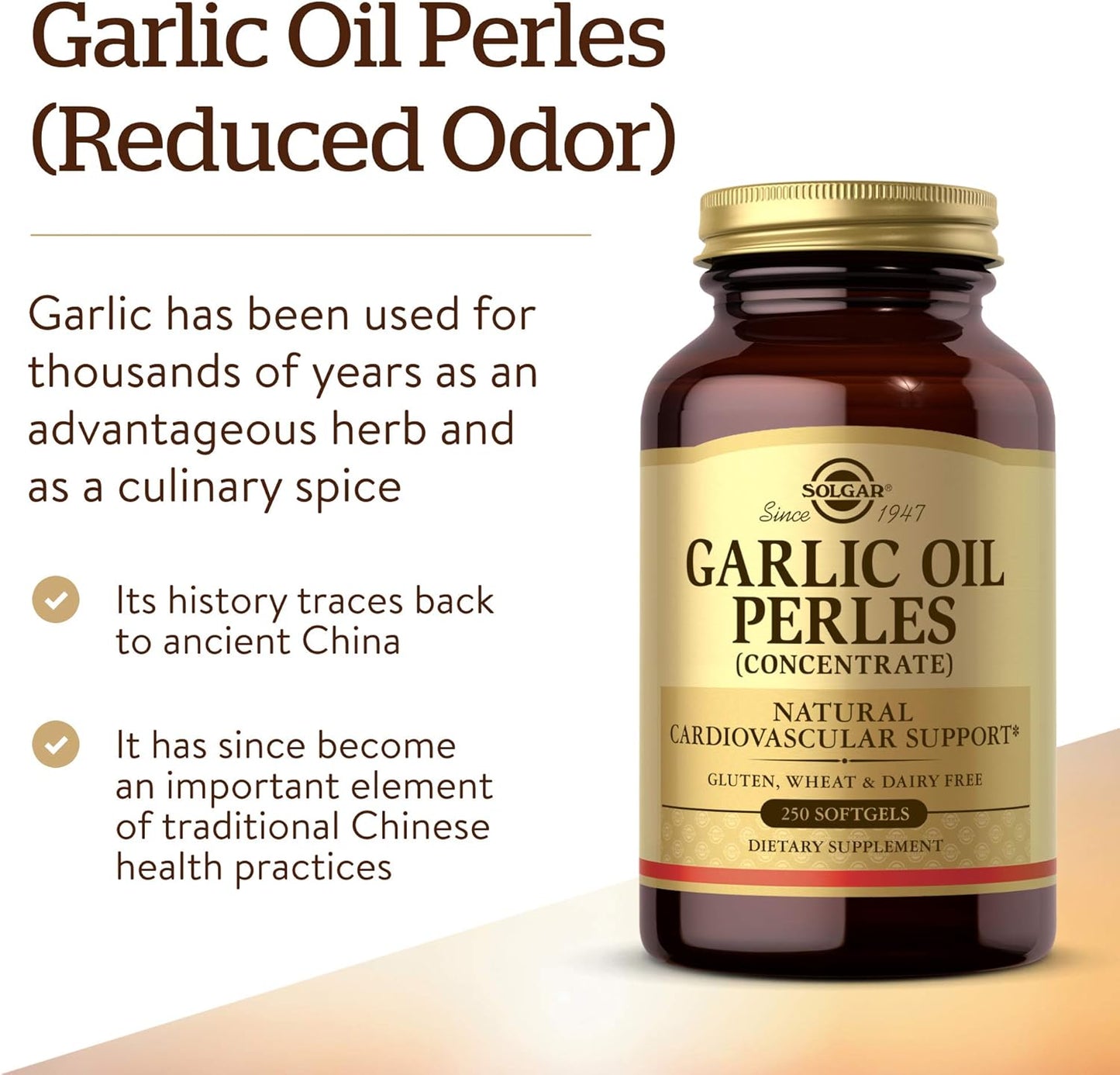 Solgar Garlic Oil Perles - 250 Softgels for Cardiovascular Support - Concentrated Garlic Oil, Reduced Odor - Gluten & Dairy Free, 250 Servings