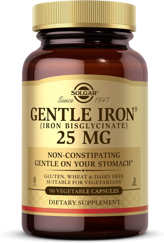 Solgar Gentle Iron 25mg Capsules - Promotes Energy and Red Blood Cell Production - Easy on Stomach - Non-GMO, Vegan, Gluten Free - 90 Servings
