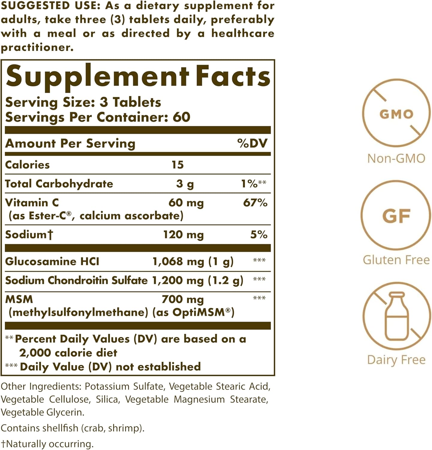 Solgar Glucosamine Chondroitin MSM with Ester-C Tablets - Supports Joint Health & Comfortable Movement - Non-GMO, Gluten Free, Dairy Free - 60 Servings