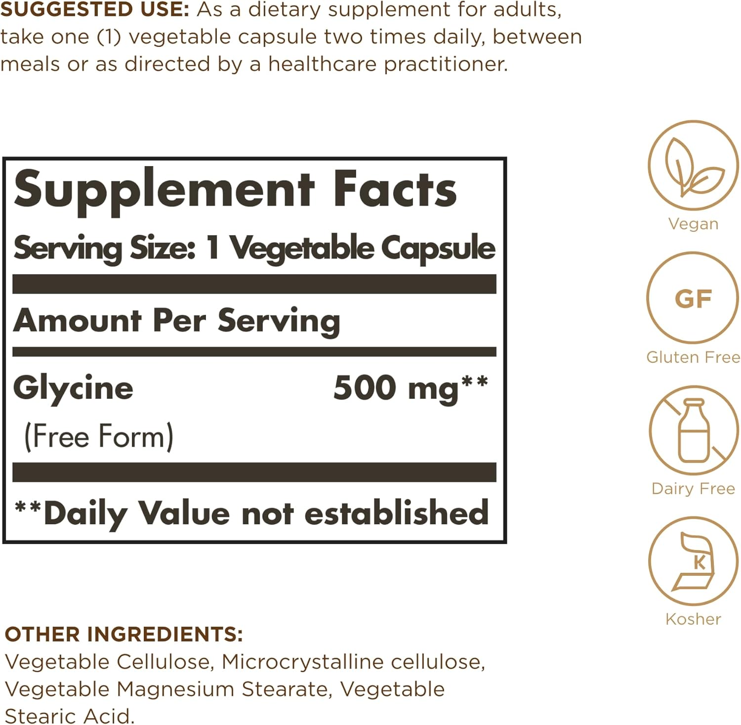 Solgar Glycine 500 mg Capsules - Non-GMO, Vegan, Gluten Free - 100 Servings