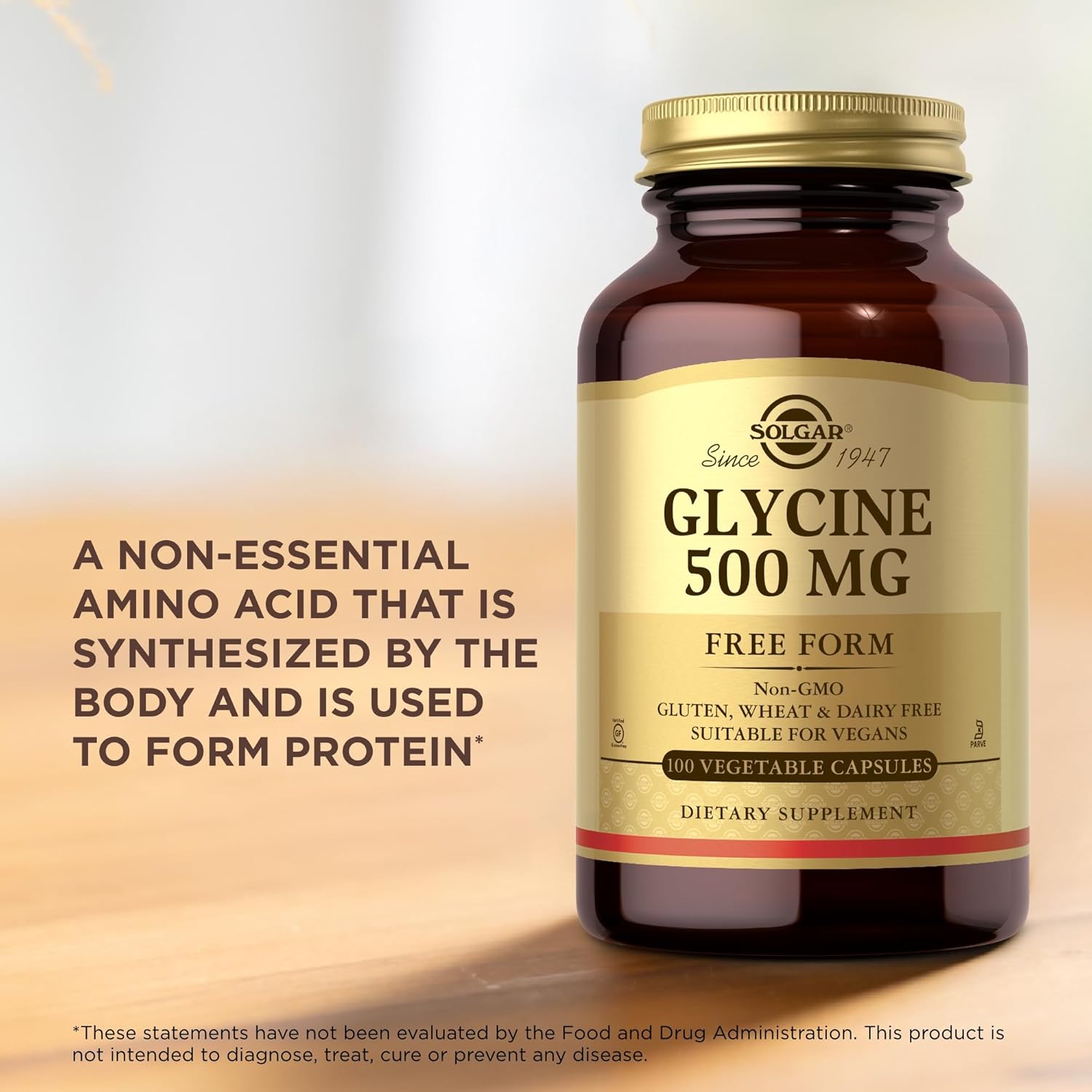 Solgar Glycine 500 mg Capsules - Non-GMO, Vegan, Gluten Free - 100 Servings