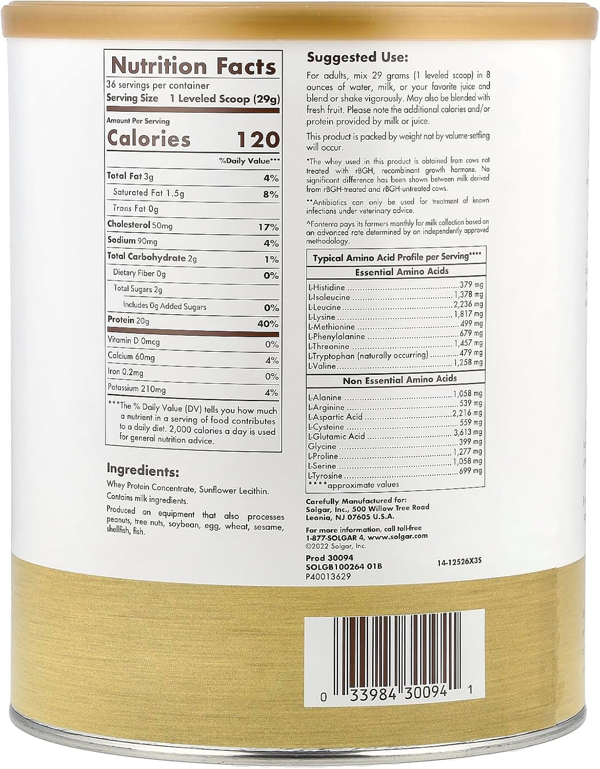 Solgar Grass Fed Whey Protein Powder Unflavored 2.3 lbs - 20g Protein New Zealand Cows - Strength & Recovery - Non-GMO