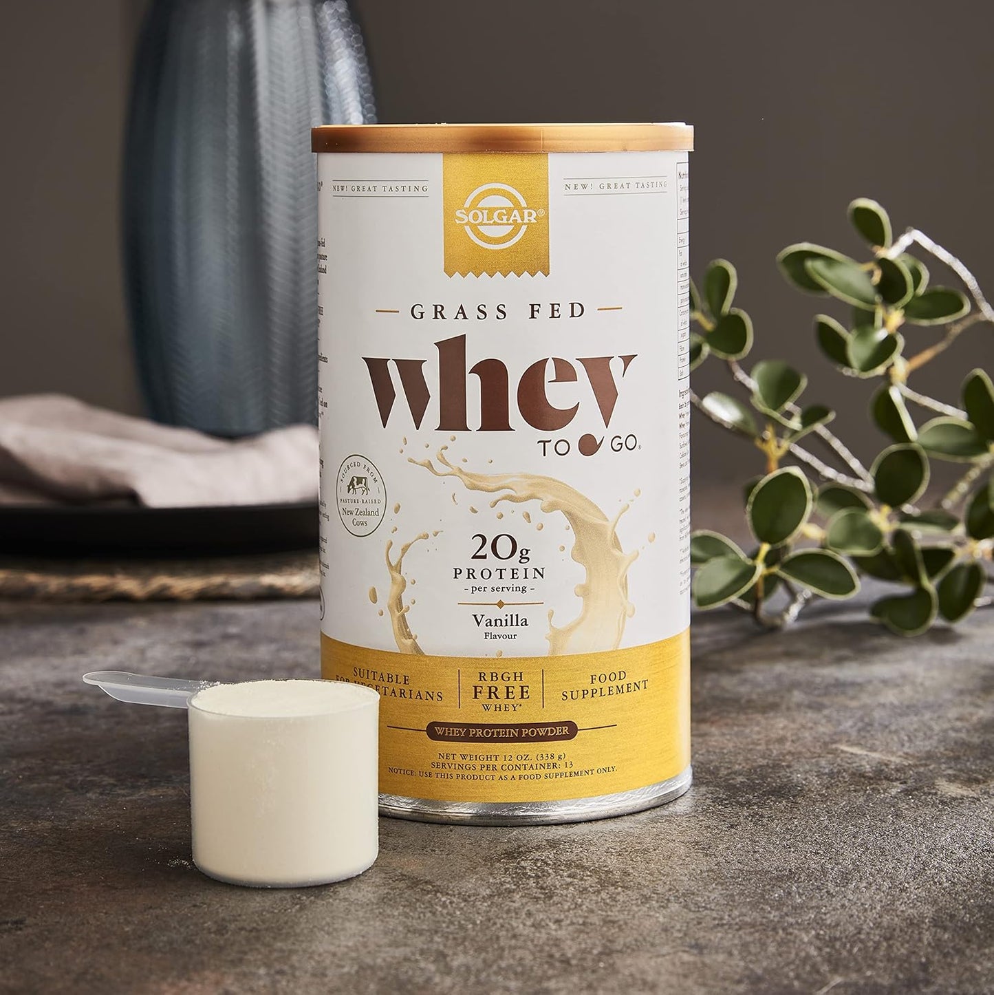 Solgar Grass-Fed Whey Protein Powder Vanilla 11.9 oz - 20g Protein from New Zealand Cows - Supports Strength & Recovery - 13 Servings