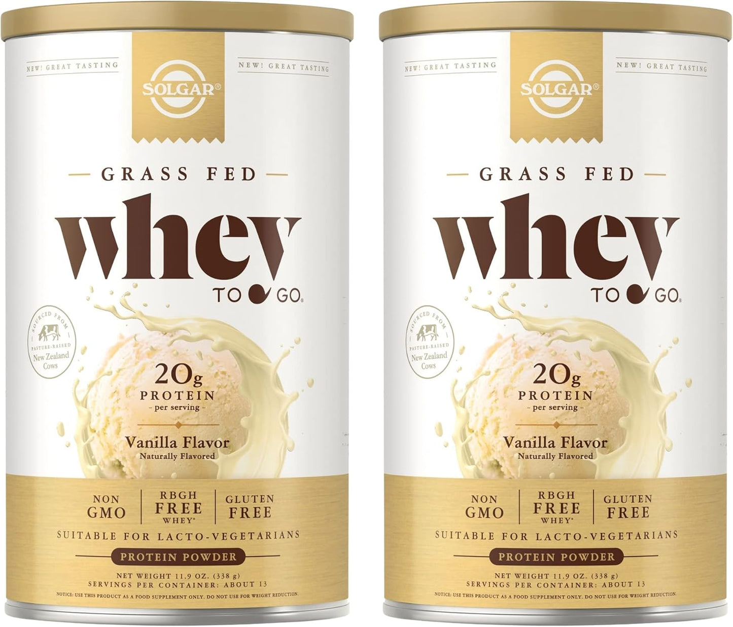Solgar Grass-Fed Whey Protein Powder, Vanilla Flavor - 11.9 oz x 2 - Non-GMO, Gluten-Free, rBGH Free - 26 Servings