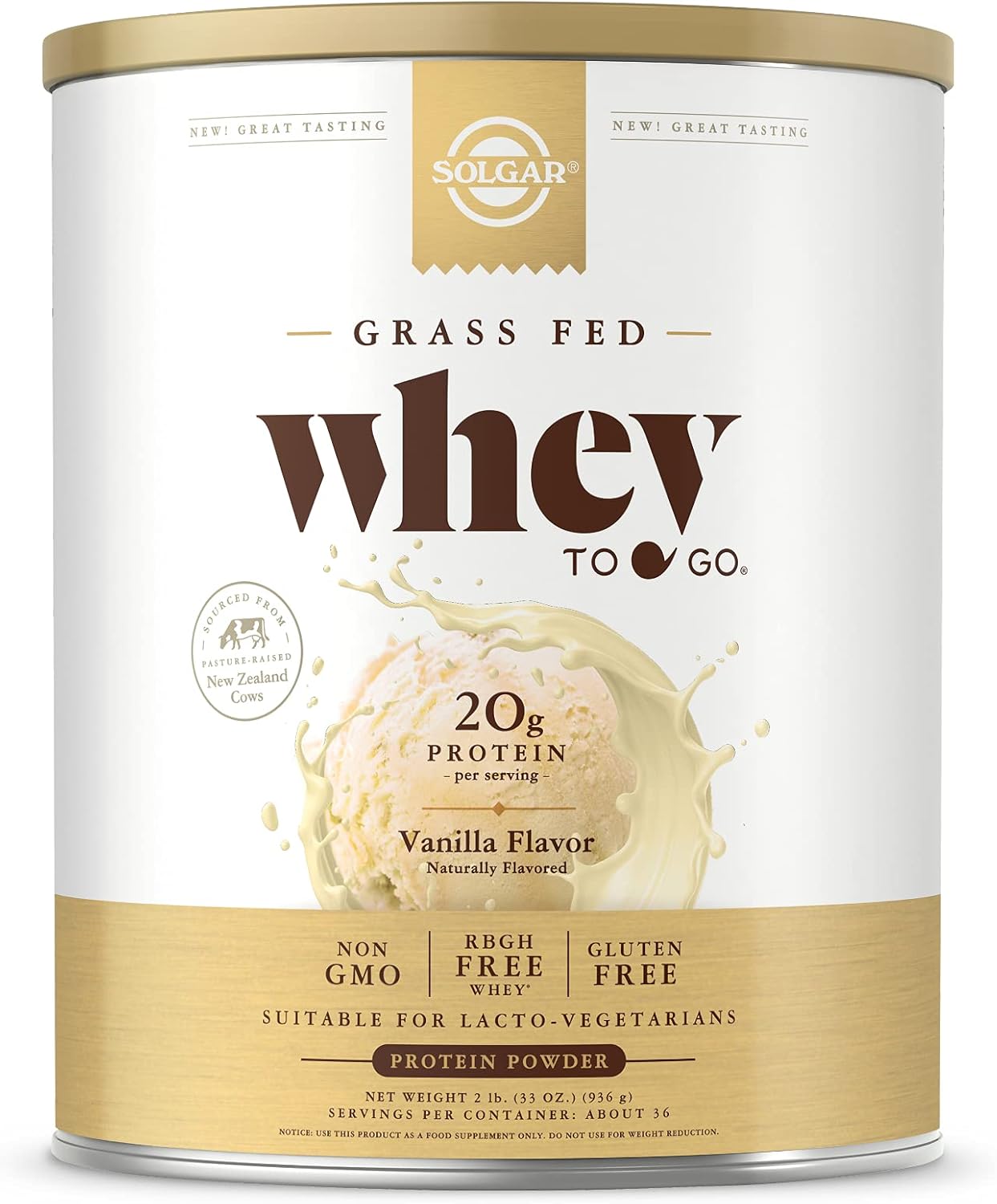 Solgar Grass-Fed Whey Protein Powder Vanilla Flavor, 2lb - 20g Protein from New Zealand Cows - Supports Strength & Recovery - 36 Servings