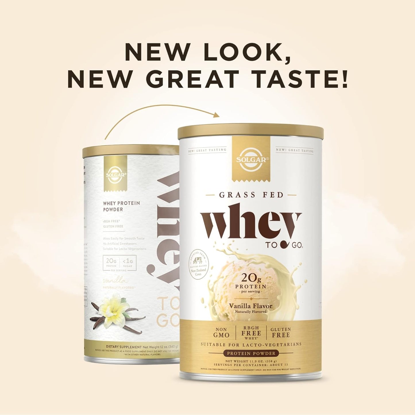 Solgar Grass-Fed Whey Protein Powder, Vanilla Flavor - 11.9 oz x 2 - Non-GMO, Gluten-Free, rBGH Free - 26 Servings