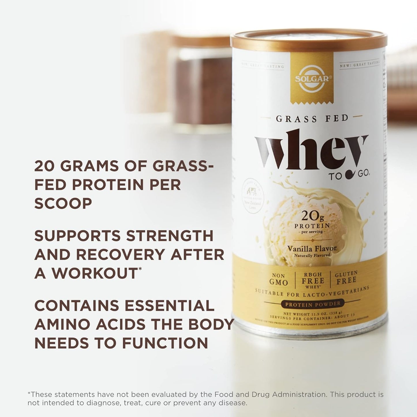 Solgar Grass-Fed Whey Protein Powder, Vanilla Flavor - 11.9 oz x 2 - Non-GMO, Gluten-Free, rBGH Free - 26 Servings