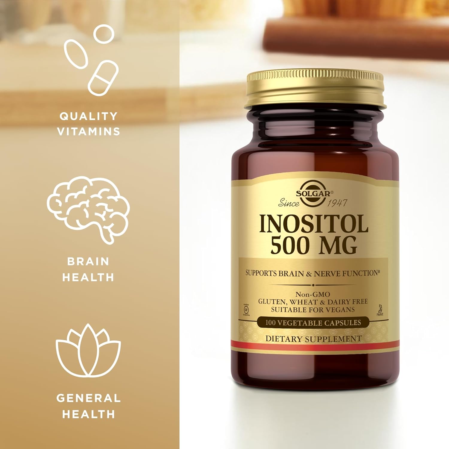 Solgar Inositol 500 mg Capsules - 100 Count - Promotes Cellular Function & Cognitive Health - Vegan, Gluten Free, Dairy Free, Kosher - 100 Servings