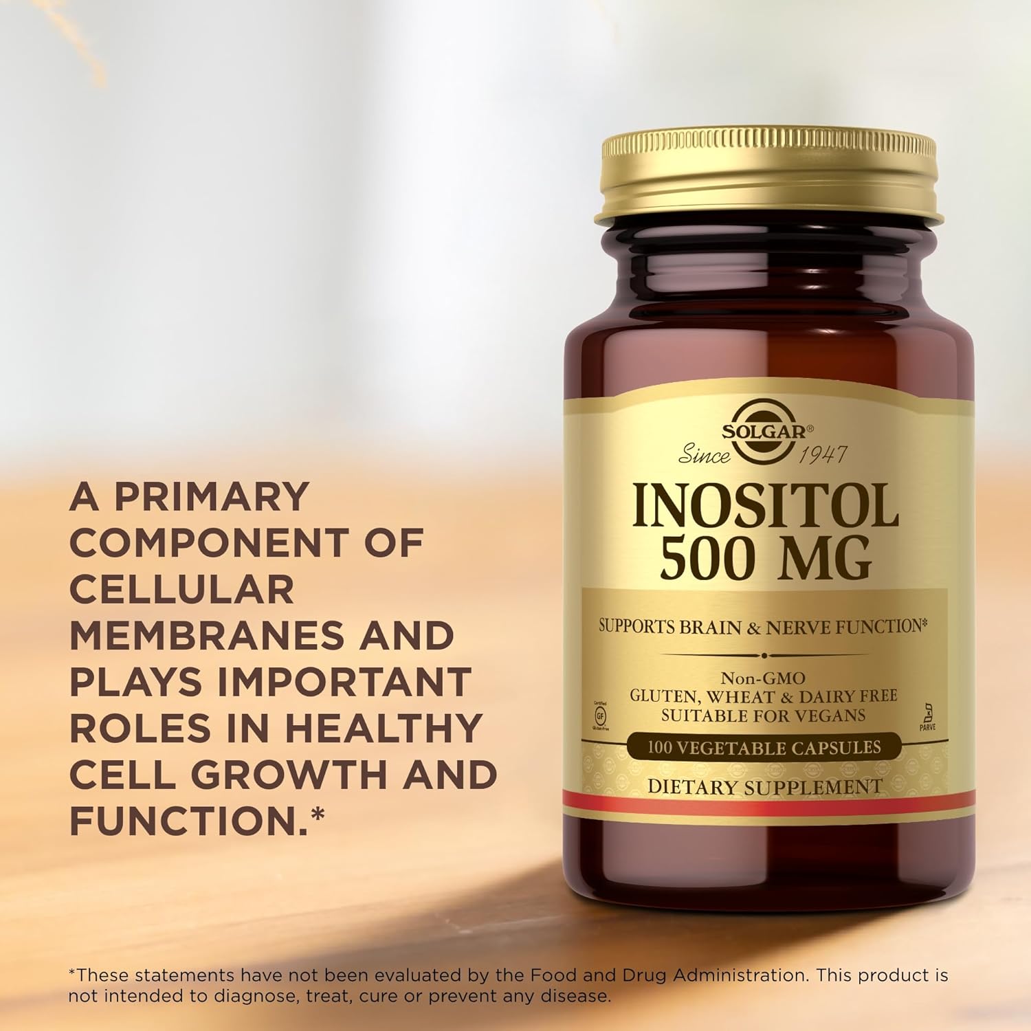 Solgar Inositol 500 mg Capsules - 100 Count - Promotes Cellular Function & Cognitive Health - Vegan, Gluten Free, Dairy Free, Kosher - 100 Servings