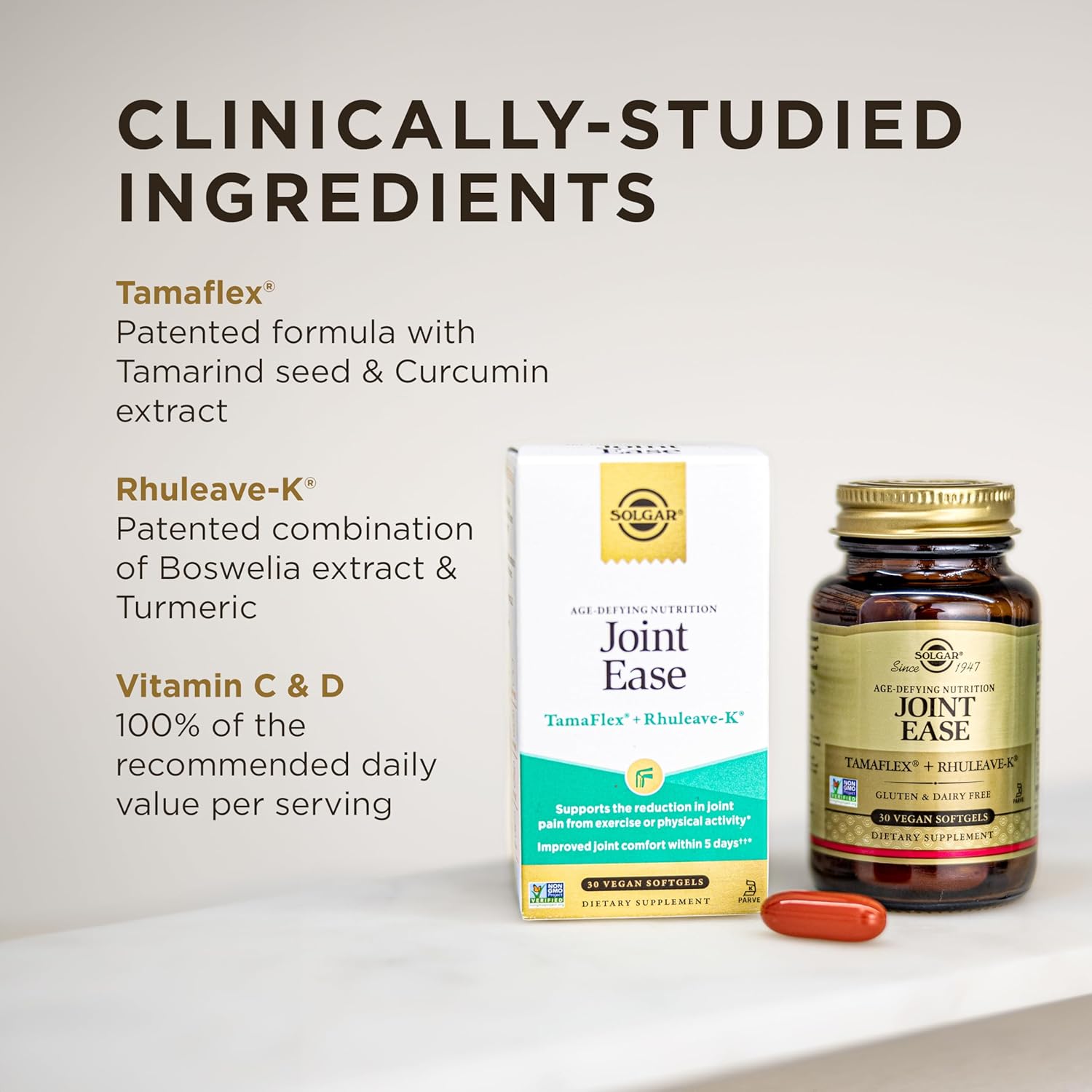 Solgar Joint Ease Age-Defying Nutrition Softgels for Joint Health with Boswellia, Turmeric, Vitamins D & C - Vegan, Dairy, Soy, Gluten Free, 30 Servings