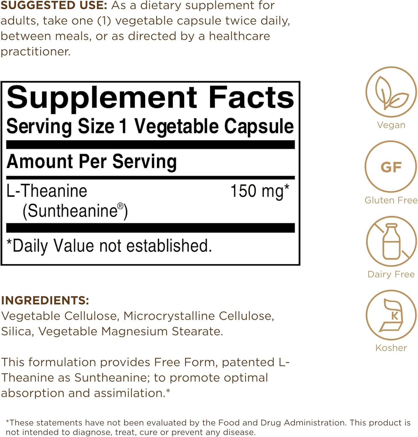 Solgar L-Theanine 150 mg Capsules for Relaxation - Non-GMO, Vegan, Kosher, Gluten-Free - 60 Servings