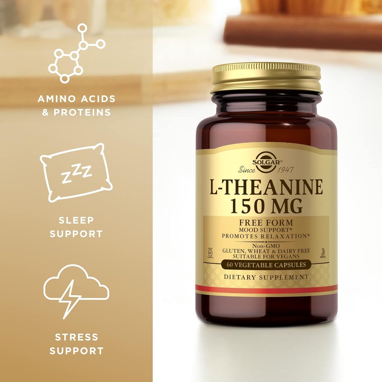 Solgar L-Theanine 150 mg Capsules for Relaxation - Non-GMO, Vegan, Kosher, Gluten-Free - 60 Servings
