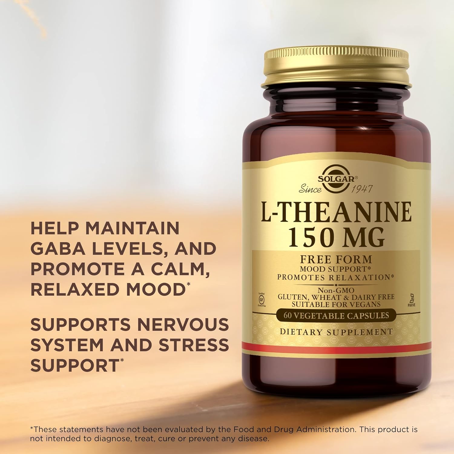 Solgar L-Theanine 150 mg Capsules for Relaxation - Non-GMO, Vegan, Kosher, Gluten-Free - 60 Servings