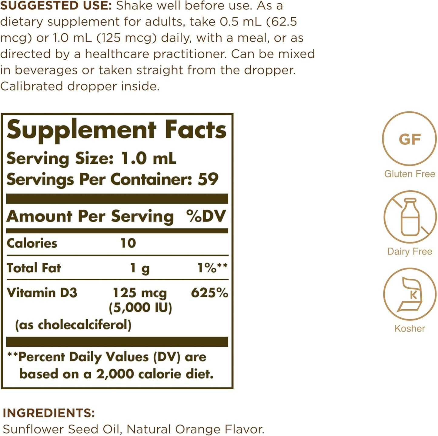 Solgar Liquid Vitamin D3 125 mcg (5,000 IU), Orange Flavor - Bone & Teeth Health, Immune Support - Gluten & Dairy Free - 59 Servings