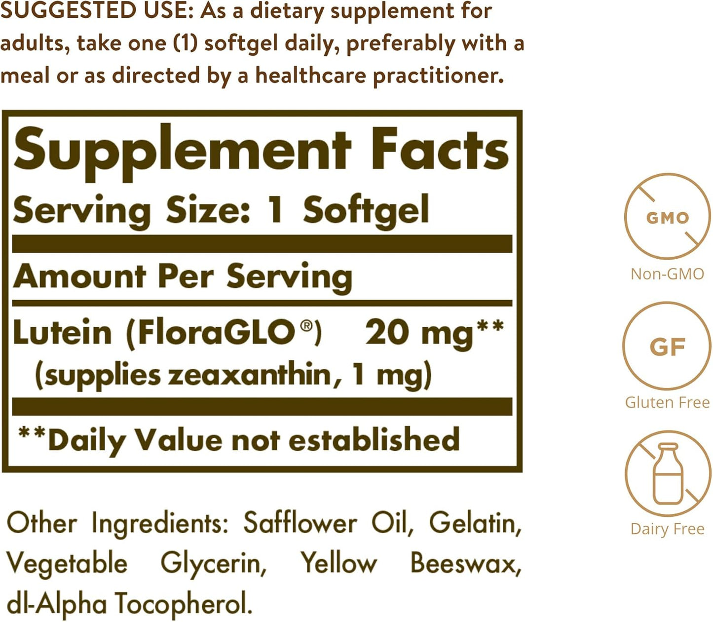 Solgar Lutein Softgels 20mg, 60 Count - Promotes Eye Health, Blue-Light Protection - FloraGLO Lutein Formula - Non-GMO, Gluten Free, Dairy Free - 60 Servings