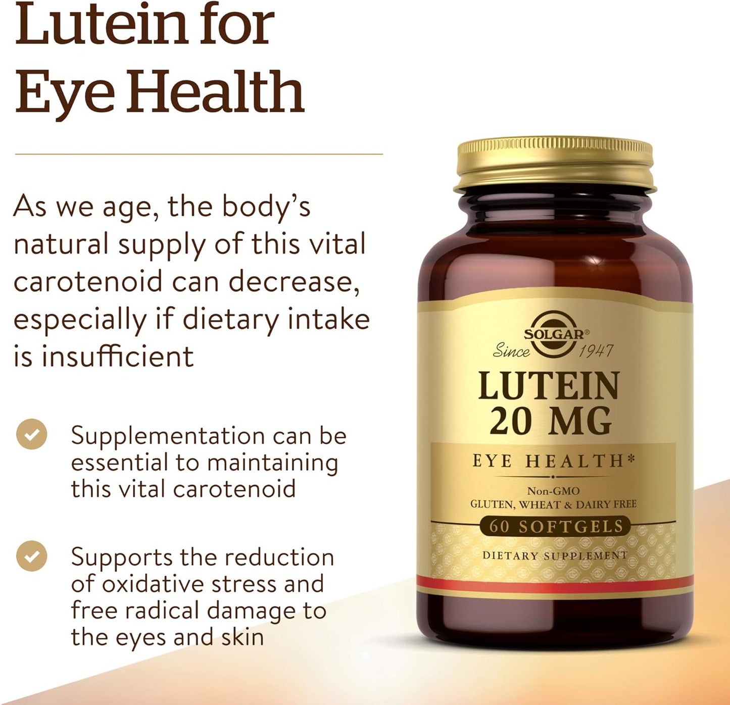 Solgar Lutein Softgels 20mg, 60 Count - Promotes Eye Health, Blue-Light Protection - FloraGLO Lutein Formula - Non-GMO, Gluten Free, Dairy Free - 60 Servings