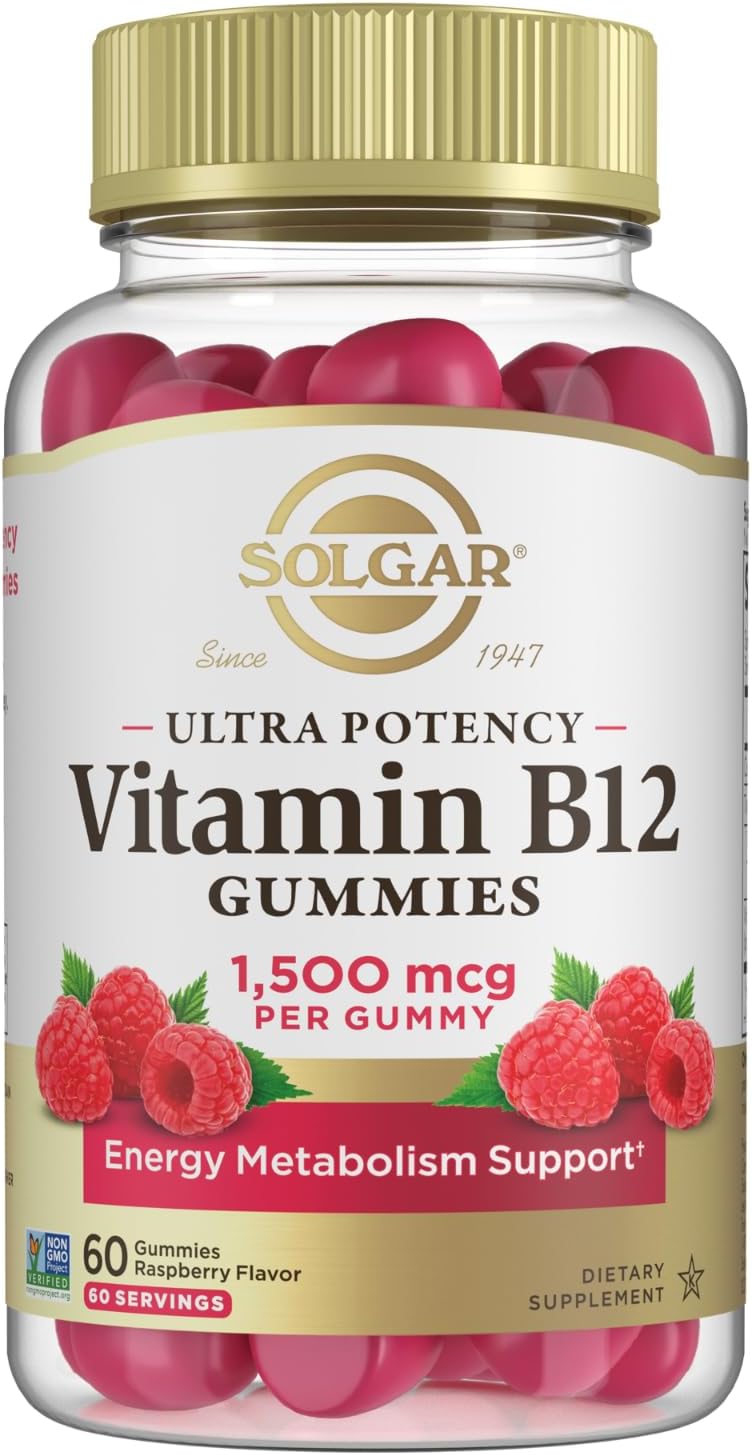 Solgar Methyl B12 Gummies 1,500mcg Ultra Potency for Energy & Metabolism, Raspberry Flavor, Vegan & Gluten Free, 2 Month Supply