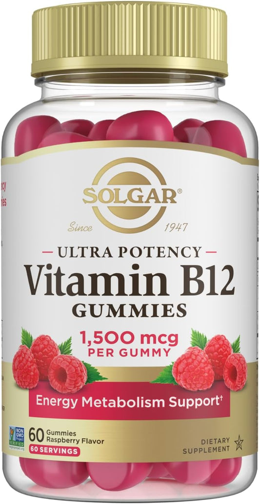 Solgar Methyl B12 Gummies 1,500mcg Ultra Potency for Energy & Metabolism, Raspberry Flavor, Vegan & Gluten Free, 2 Month Supply