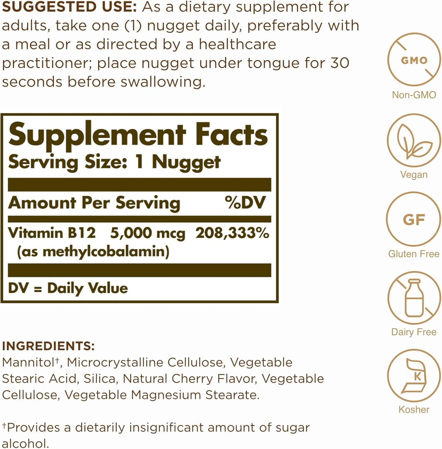 Solgar Methylcobalamin 5000 mcg Vitamin B12 Nuggets - Supports Energy Metabolism, Body-Ready Active Form - Non-GMO, Vegan, Gluten, Dairy Free - 30 Servings