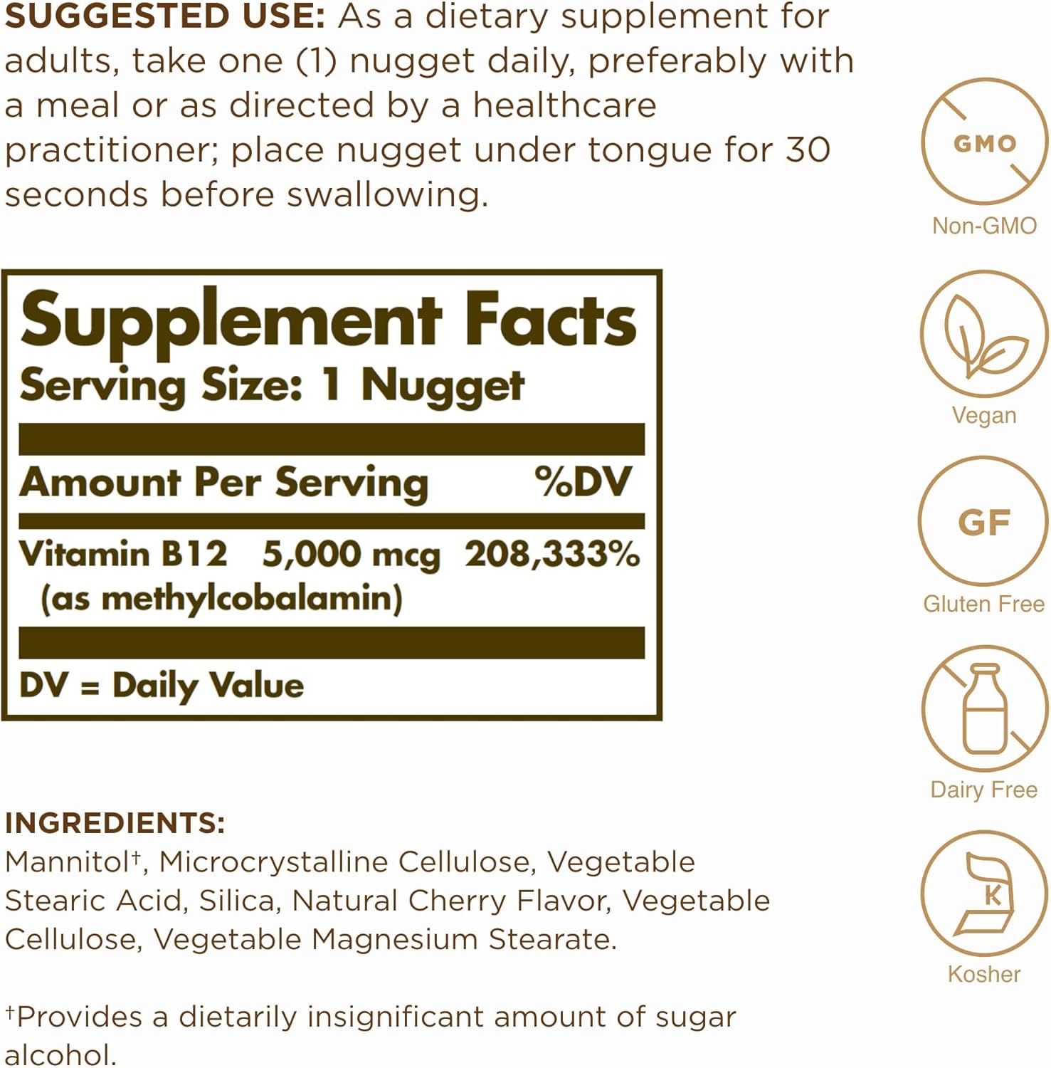 Solgar Methylcobalamin 5000 mcg Vitamin B12 Nuggets - Supports Energy Metabolism, Body-Ready Active Form - Non-GMO, Vegan, Gluten, Dairy Free - 30 Servings