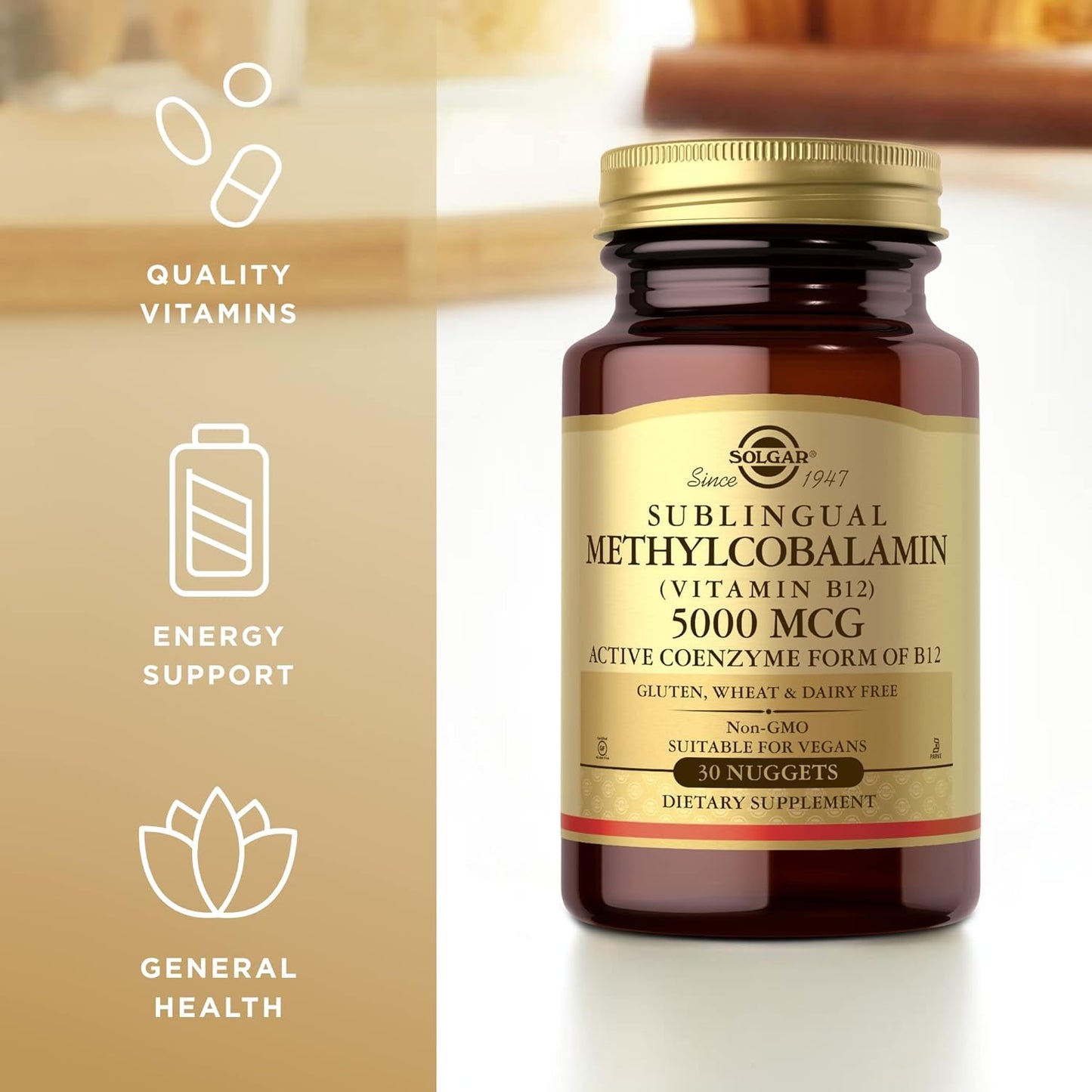 Solgar Methylcobalamin 5000 mcg Vitamin B12 Nuggets - Supports Energy Metabolism, Body-Ready Active Form - Non-GMO, Vegan, Gluten, Dairy Free - 30 Servings
