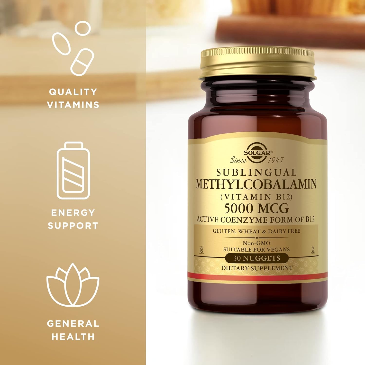 Solgar Methylcobalamin 5000 mcg Vitamin B12 Nuggets - Supports Energy Metabolism, Body-Ready Active Form - Non-GMO, Vegan, Gluten, Dairy Free - 30 Servings