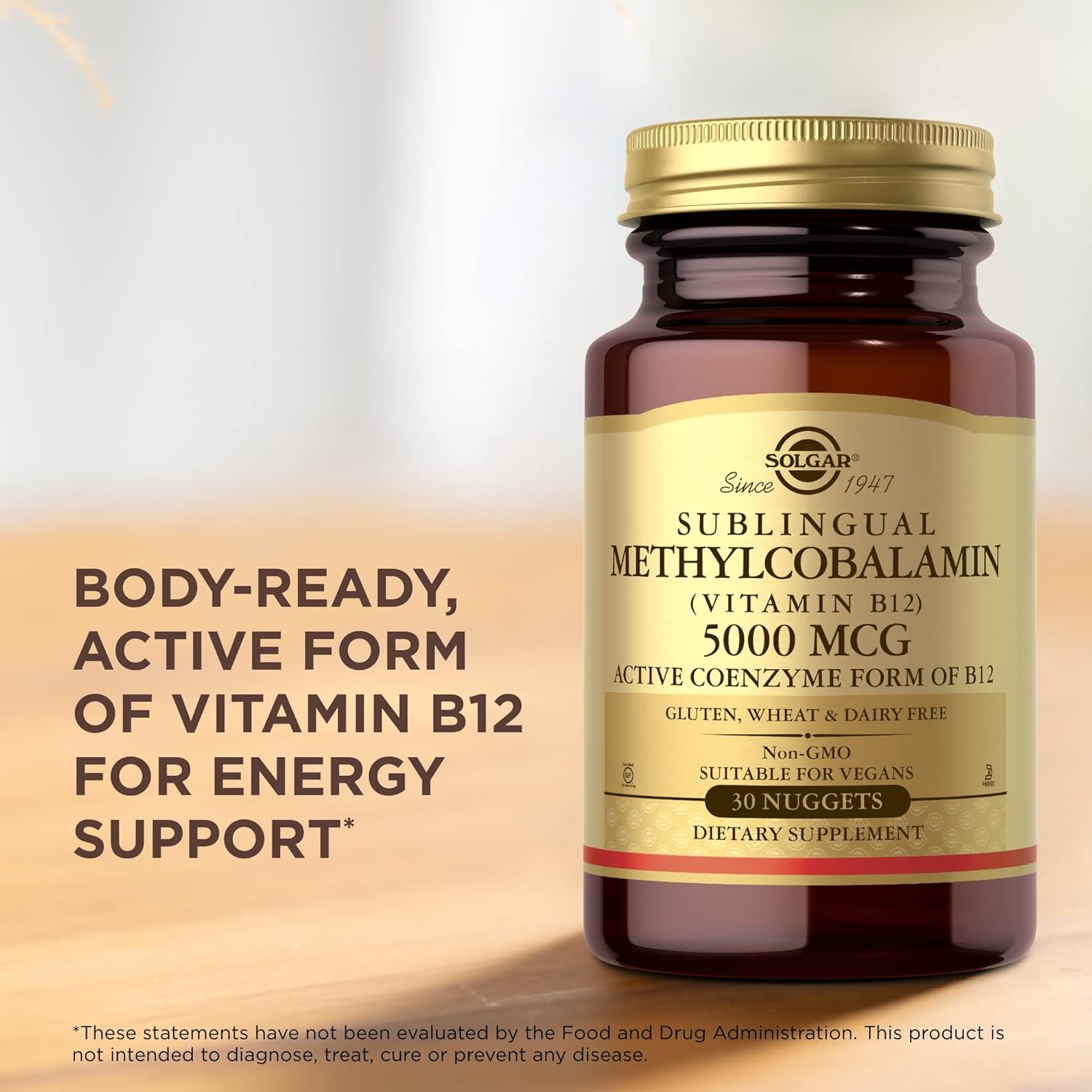 Solgar Methylcobalamin 5000 mcg Vitamin B12 Nuggets - Supports Energy Metabolism, Body-Ready Active Form - Non-GMO, Vegan, Gluten, Dairy Free - 30 Servings