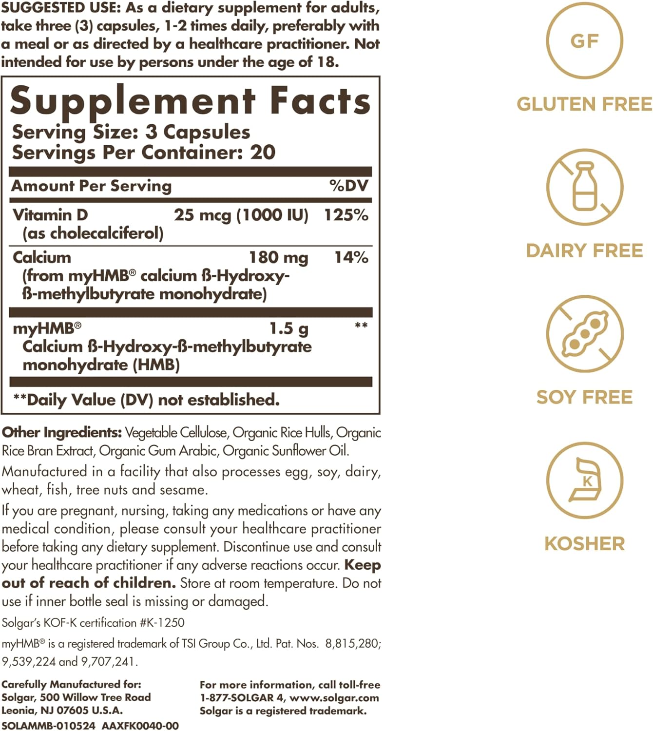 Solgar Muscle Maintenance HMB Supplement with Vitamin D for Men & Women - Supports Muscle Mass, Gluten & Soy Free - 20 Servings