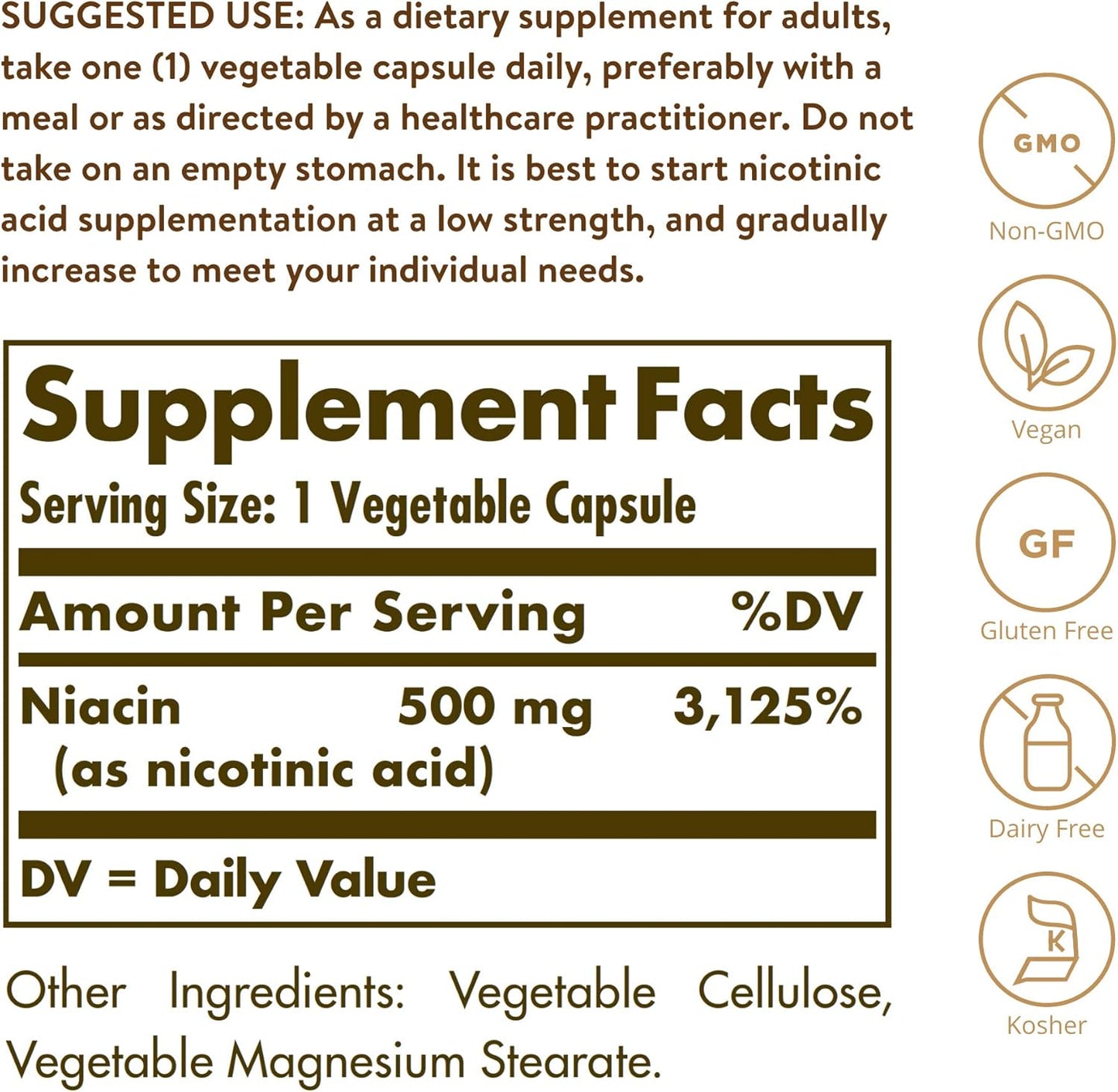 Solgar Niacin (Vitamin B3) 500 mg Capsules - Heart Health & Energy Support - Non-GMO, Vegan, Gluten Free - 250 Servings