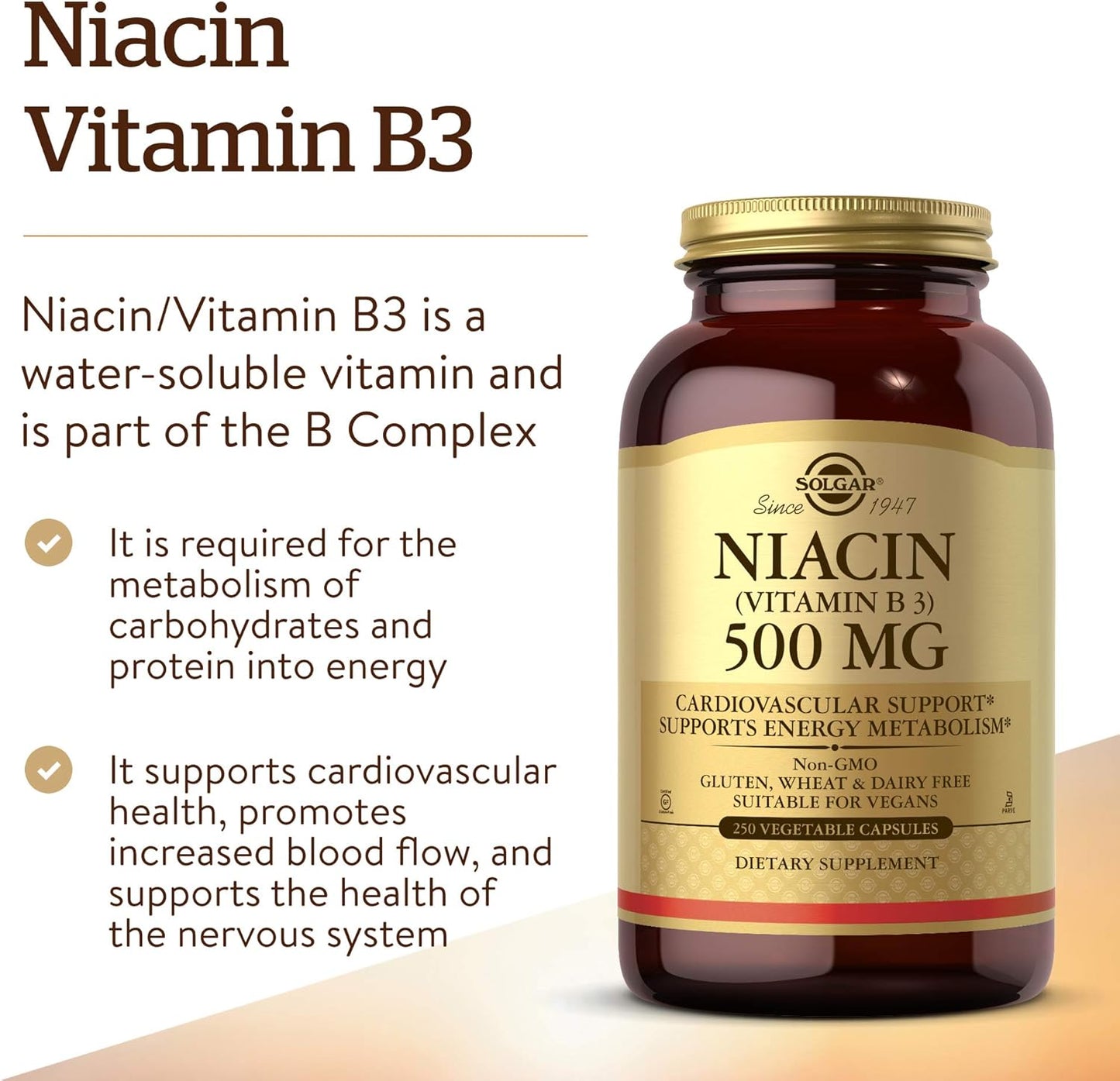 Solgar Niacin (Vitamin B3) 500 mg Capsules - Heart Health & Energy Support - Non-GMO, Vegan, Gluten Free - 250 Servings